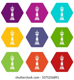 Tall lighthouse icons 9 set coloful isolated on white for web