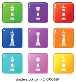 Tall lighthouse icons set 9 color collection isolated on white for any design