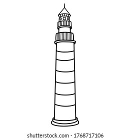 Großes helles Haus auf weißem Hintergrund. Schwarz-Weiß-Vektorgrafik eines gestreiften Leuchtturms. Illustration des Leuchtkörpers für Druck, Postkarte, Färbung.