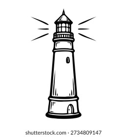 Tall lighthouse with radiating light beams tower beacon
