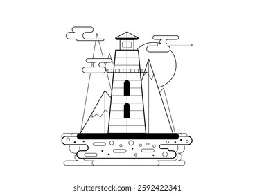 A tall lighthouse rises above waves, surrounded by stylized mountains and clouds. Evening light casts a warm glow, creating a serene maritime atmosphere, perfect for reflection.