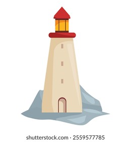 Tall lighthouse is standing on a rocky coast, its bright light guiding ships safely through the treacherous waters