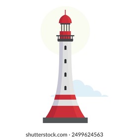 The tall lighthouse stands against a backdrop of blue clouds, adorned with contrasting red and white stripes, guiding ships along the coastline