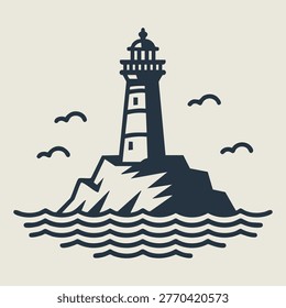 A tall lighthouse stands on a rugged rock island above wavy sea lines with birds flying nearby.
