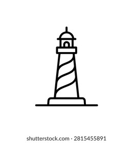 Tall lighthouse with a striped design, standing firm against sky.
