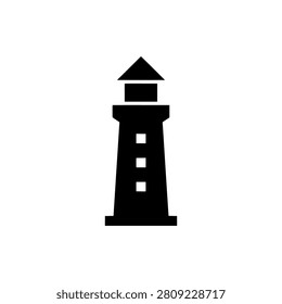 Tall lighthouse tower with lantern room and light rays, solid black silhouette vector illustration