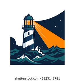 A tall lighthouse with white and blue stripes shines a bright orange beam across the dark sea and starry night sky