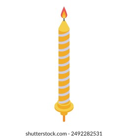 Tall lit birthday candle with yellow and white stripes burning brightly