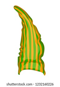 tall, long and narrow hat. orange and green striped cartoon christmas elf hat isolated on white. vector illustration
