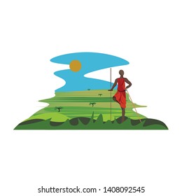 Tall Maasai Warrior Wearing Traditional Clothes With Spear In Hand Standing On The Grasslands, Vector, Color Drawing Or Illustration. 