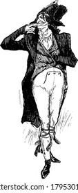 A tall man in a costume that was worn during the period of French Revolution, walking by placing his left hand inside the shirt, and by leaving the fingers of his right hand in his mouth , vintage
