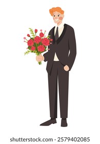 Tall man with flowers. Groom in black suit holds bouquet of roses. Flat vector character