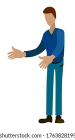 Tall Man Joyfully Reaches Out To Meet His Best Friend. Vector On A White Background