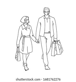 Tall man with medical mask and woman with facial tissue walking with him by the hand. Vector illustration of couple of masked people shopping while epidemic on white background. Pandemic concept.