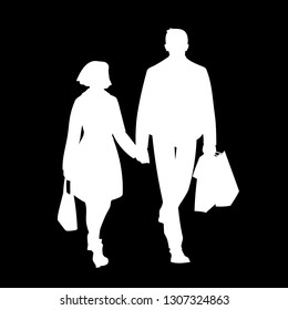 Tall man with packages and woman walking with him by the hand. White silhouette isolated on black background. Front view. Monochrome vector illustration of couple of young people shopping. Concept.