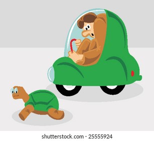 A Tall Man Stuck In A Small Car Is Passed By A Small Turtle Faster Than Him