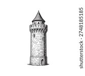 A tall medieval castle tower with a conical roof, rendered in a detailed etching style, black and white illustration.
Medieval castle tower engraving.