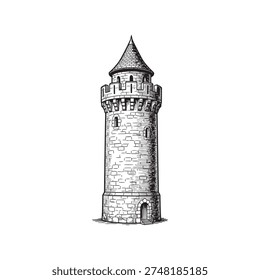 A tall medieval castle tower with a conical roof, rendered in a detailed etching style, black and white illustration.
Medieval castle tower engraving.