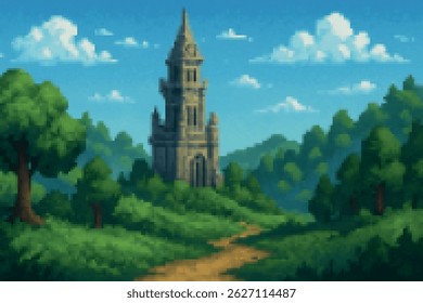 A tall medieval tower rising above a green forest landscape under a bright blue sky with scattered clouds.