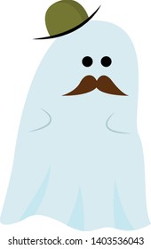 A tall men ghost with big mustache and a small green hat , vector, color drawing or illustration.