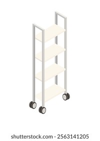 Tall, mobile shelf unit with multiple tiers and wheels. Minimalist design for hospitals, clinics, or medical storage purposes. Vector illustration isolated on white background.