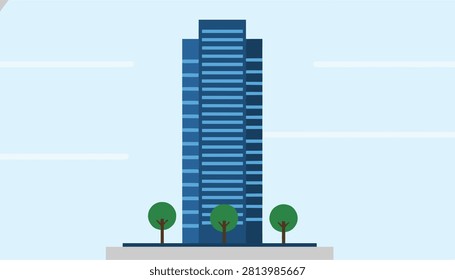 Tall modern blue glass skyscraper building with green trees in front under a clear sky flat vector illustration.