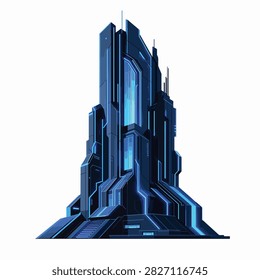 Tall modern building with illuminated blue glass and sharp edges