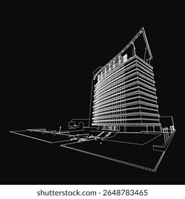 A tall modern building with numerous windows stands prominently in a black and white architectural drawing. The dark background emphasizes the structure's sleek silhouette and geometric precision.