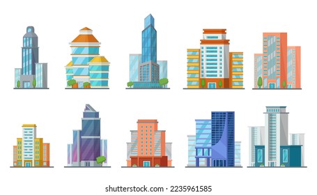 Tall modern buildings vector illustrations set. Collection of cartoon drawings of office or apartment buildings isolated on white background. Architecture, construction, city life concept