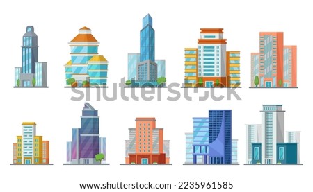 Tall modern buildings vector illustrations set. Collection of cartoon drawings of office or apartment buildings isolated on white background. Architecture, construction, city life concept