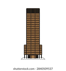 A tall modern skyscraper building with numerous windows and a dark facade stands against a white background.