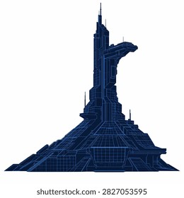 Tall modern wireframe building with sharp angles and layered structure