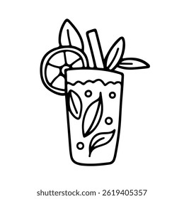 Vidro mojito alto com cunhas de cal e rampas de hortelã. Vetor de contorno preto de estilo Doodle. Perfeito para temas de festas de verão, menus e marca de bar.