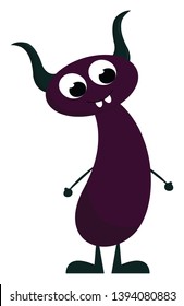 A tall monster in dark purple color with two horns and two teeth vector color drawing or illustration