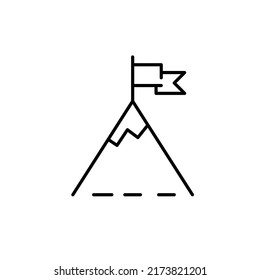 Tall mountain with a flag on top. Achieving goals and success. Pixel perfect, editable stroke line icon