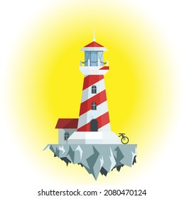 tall multi-colored lighthouse with a house and a bike on a rocky island against the backdrop of a sunset