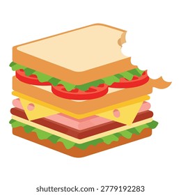 A tall, multi-layered sandwich featuring fresh lettuce, ripe tomatoes, cheese, and deli meats, with a noticeable bite taken from the top slice of bread.