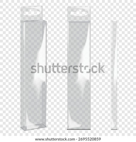 Tall narrow clear glossy plastic box with tuck-in flap and euro hole tab. Front, side view. 3d mockup. Retail package. Hanging transparent PVC container. Realistic vector mock-up. Template for design