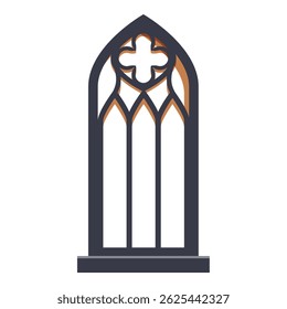 Tall, narrow gothic arch window featuring intricate stone tracery and a prominent quatrefoil design