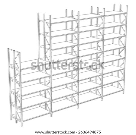 A tall, narrow shelf with many shelves stacked on top of each other. The shelf on the left side is empty, while the one on the right side has a shelf on top of it