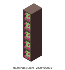 Tall and narrow wooden wine rack holding green wine bottles with pink tops