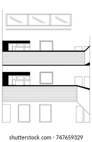 A tall office space interior line drawing vector with several mezzanine levels