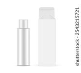 Tall Opened Rectangular Packaging Box With Plastic Cosmetic Bottle, Front View, Isolated On White Background. Vector Illustration