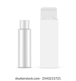 Tall Opened Rectangular Packaging Box With Plastic Cosmetic Bottle, Front View, Isolated On White Background. Vector Illustration