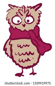 A tall owl wearing a bright pink scarf vector color drawing or illustration
