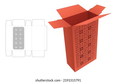 tall packaging box with stenciled pattern window die cut template and 3D mockup