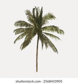 Tall palm tree with lush green fronds. Palm tree stands alone. Palm tree on a white background. Palm tree with detailed leaves.