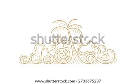 Tall palm tree and sea beach. Vector line clouds on sky, summer island. Vintage graphic tropical symbol. Abstract sign for travel design, nature print. Editable contour