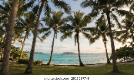 Tall palm trees frame a serene ocean view with calm waters and distant landmass