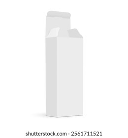 Tall Paper Rectangular Packaging Box with Opened Lid, Side View, Isolated on White Background. Vector Illustration